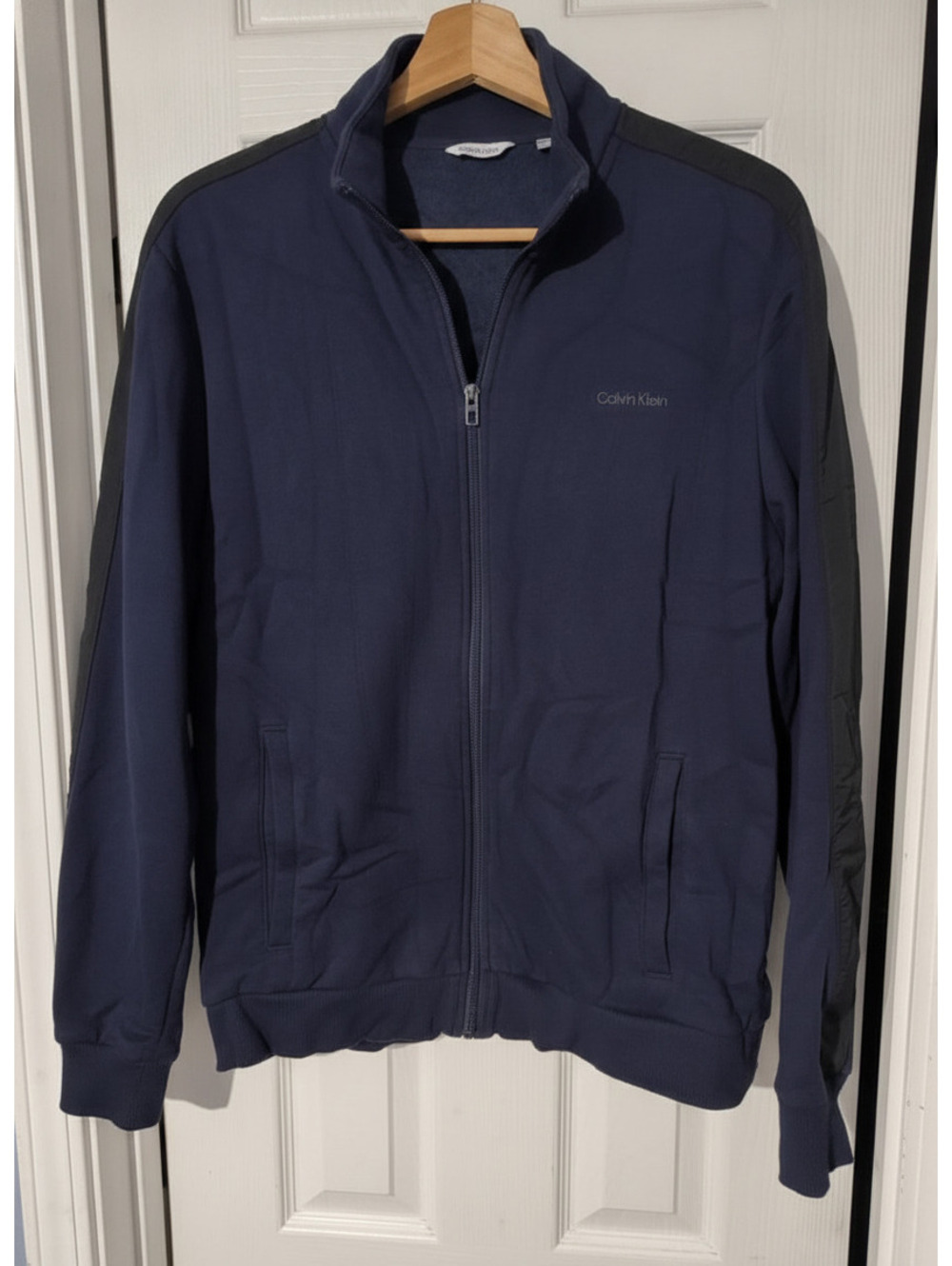 Calvin Klein Men's Navy Blue Track Jacket with Black Sleeve Stripes, Size L